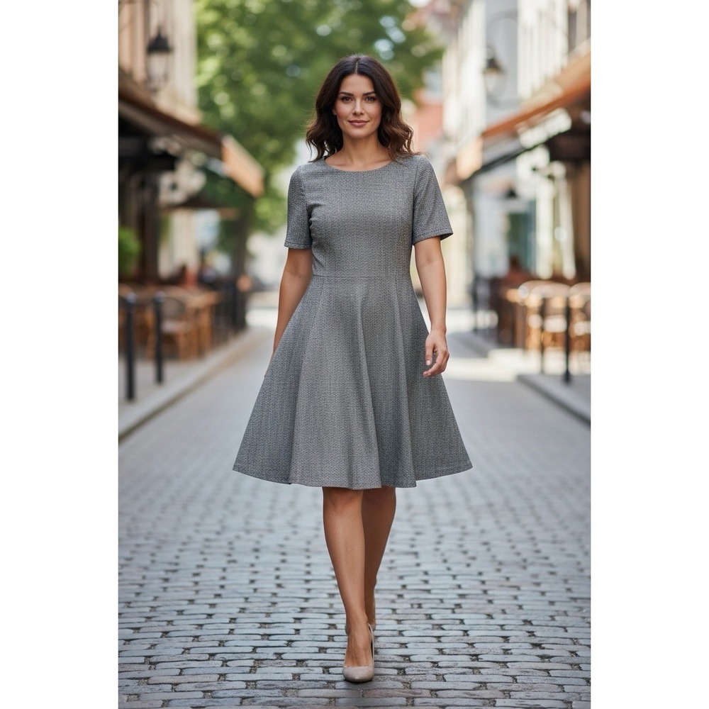 Theory Gray Fit Flare‎ Dress Size 8 Short Sleeve Textured Knit